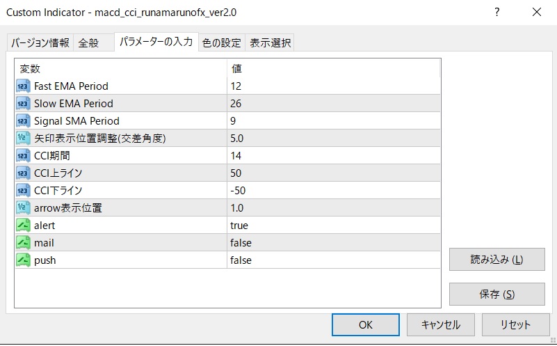 MACD×CCI 矢印サイン パラメータ設定画面