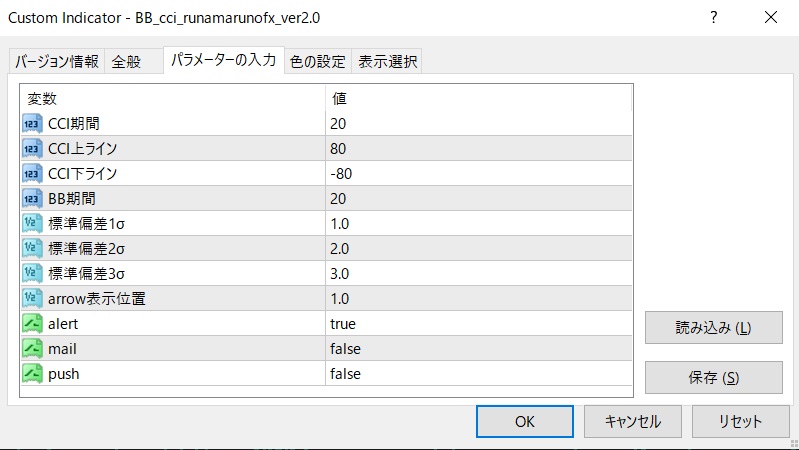 BB×CCI矢印サインのパラメータ設定画面