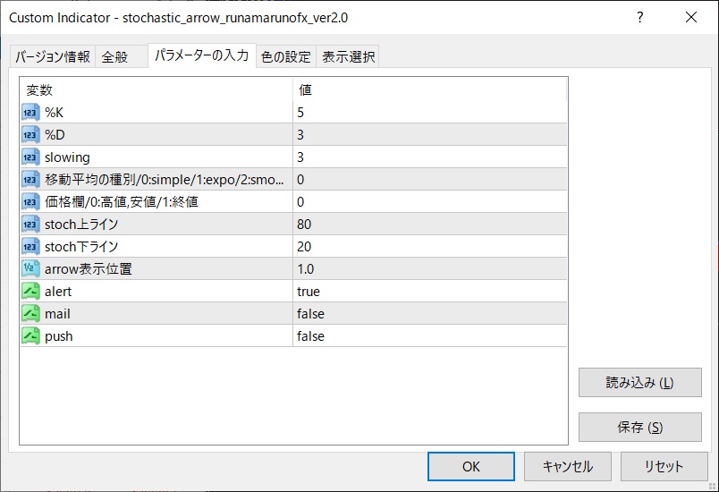 ストキャスGC矢印サインのパラメータ設定画面
