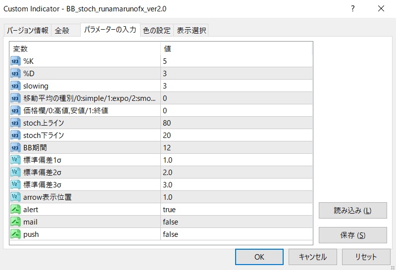 ボリンジャーバンド×ストキャス 矢印サインのパラメータ設定画面