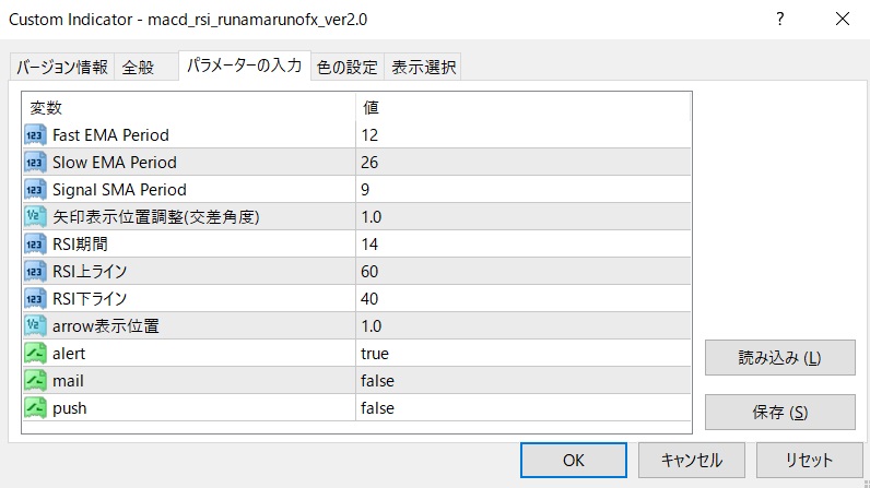 MACD×RSI 矢印サインのパラメータ設定画面