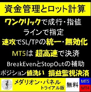 【無料版　注文・予約～決済、損益監視決済】　資金管理とロット計算　ポジションの値洗いやSL/TP統一と一括決済 【MedallionPanelトライアル】