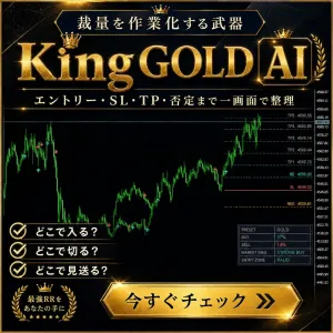 【King GOLD】AIがエントリーとSL/TP設定。リスクリワード1：5を可能にした、”エントリー表示+SL+TP+根拠の否定”までを表示したインジケーターで”裁量が作業”になります！