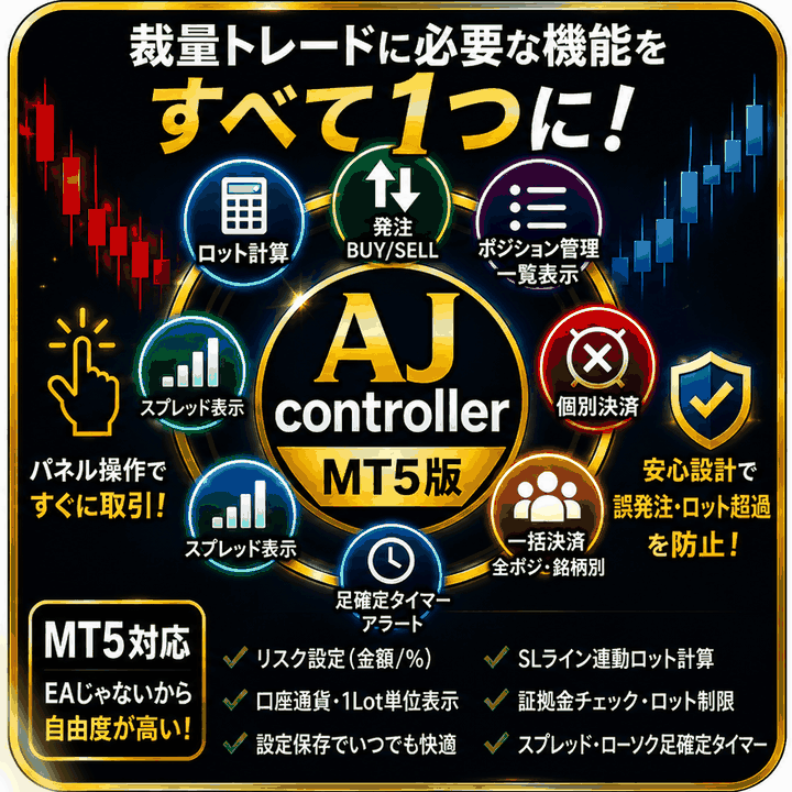 【MT5版】AJ_controller｜ロット計算・成行発注・ポジション管理・一括決済を1つに集約したトレード管理EA
