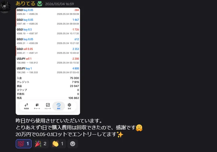 ありてるさんの利用報告（2026/5/4）。GOLDとUSDJPYが混在する履歴で、合計額はKGS単独の成績ではありません。