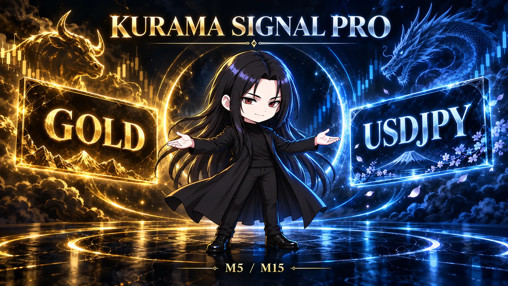 くらまキャラクターがGOLDとUSDJPYを紹介するイラスト