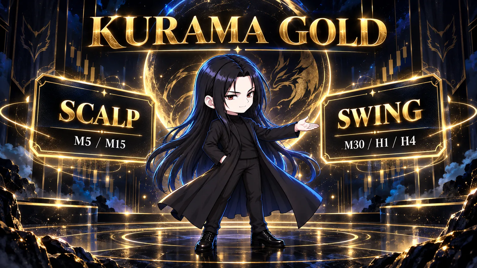 くらまキャラクターがGOLDの短期版とスイング版を紹介するイラスト