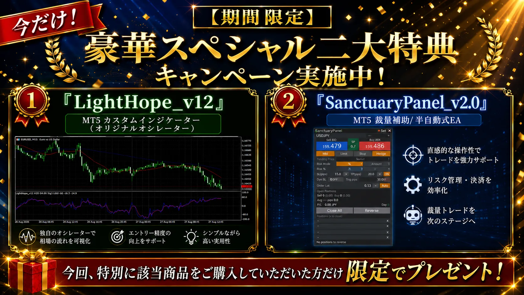 【期間限定】豪華スペシャル二大特典キャンペーン実施中！ 特典①『LightHope_v12』MT5カスタムインジケーター（オリジナルオシレーター）／特典②『SanctuaryPanel_v2.0』MT5裁量補助・半自動式EA