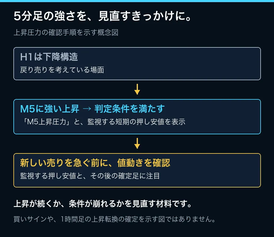確認手順の概念図。実際の売買結果や、その後の上昇を示した図ではありません。