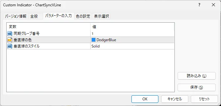 MT4 のパラメータ設定タブ