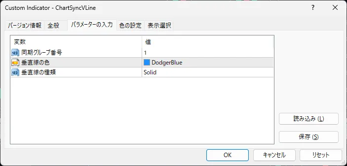 ChartSyncVLine のパラメータ設定画面