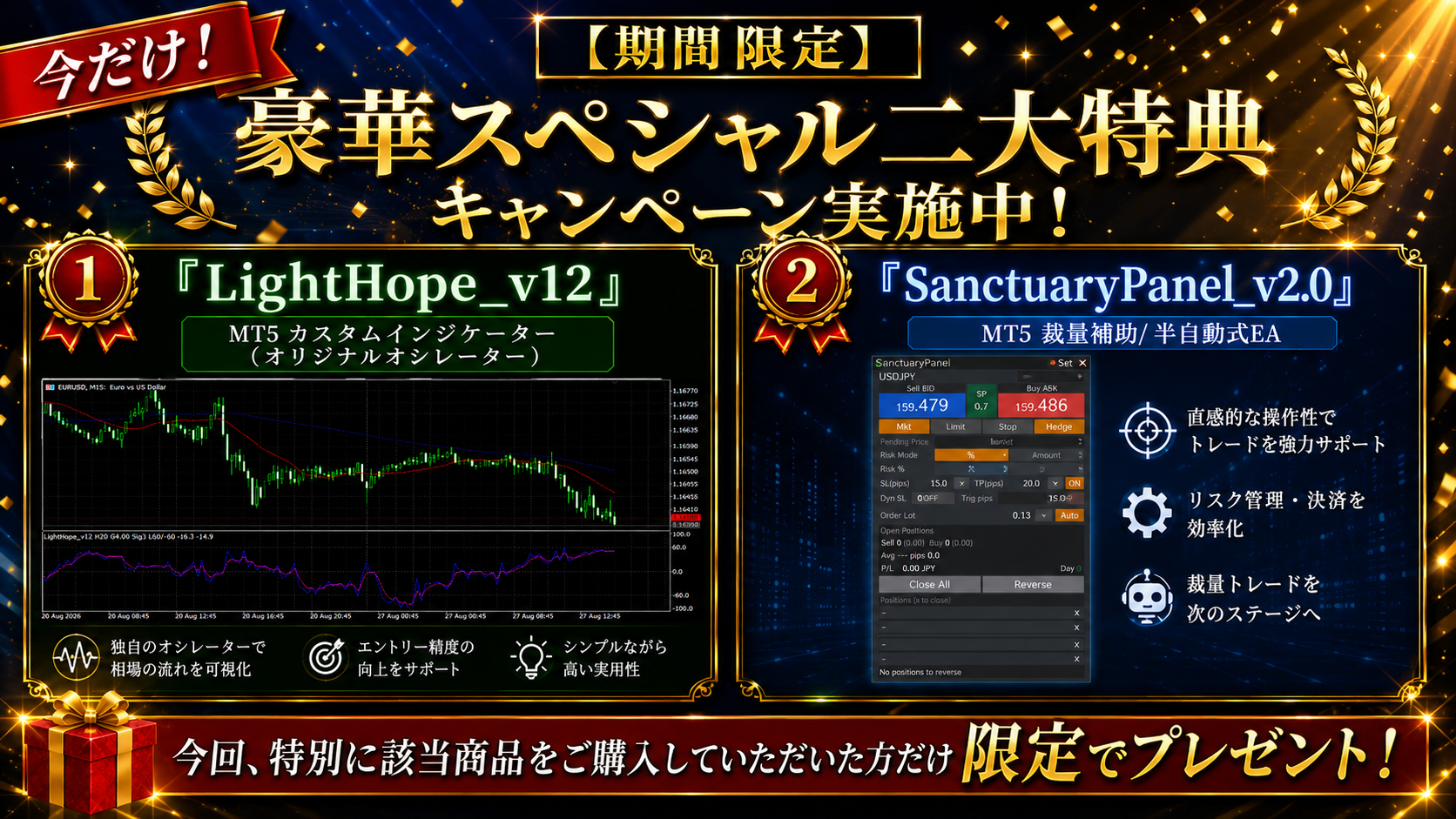 【期間限定】豪華スペシャル二大特典キャンペーン実施中！ 特典①『LightHope_v12』MT5カスタムインジケーター（オリジナルオシレーター）／特典②『SanctuaryPanel_v2.0』MT5裁量補助・半自動式EA