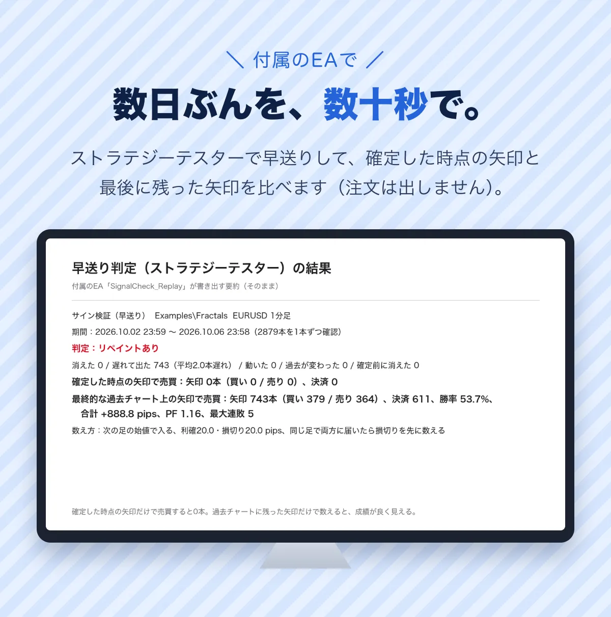 付属のEAで、数日ぶんを数十秒で。ストラテジーテスターで早送りして、確定した時点の矢印と最後に残った矢印を比べます（注文は出しません）。