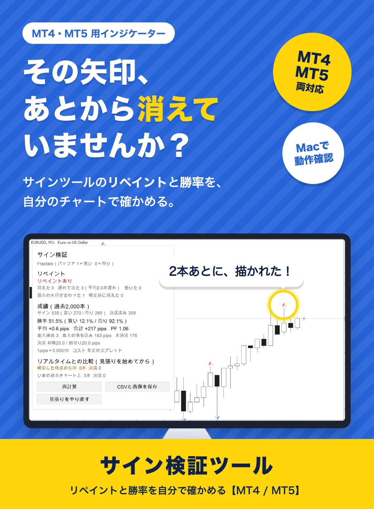 その矢印、あとから消えていませんか？ サインツールのリペイントと勝率を、自分のチャートで確かめる。サイン検証ツール（MT4・MT5両対応、Macで動作確認）