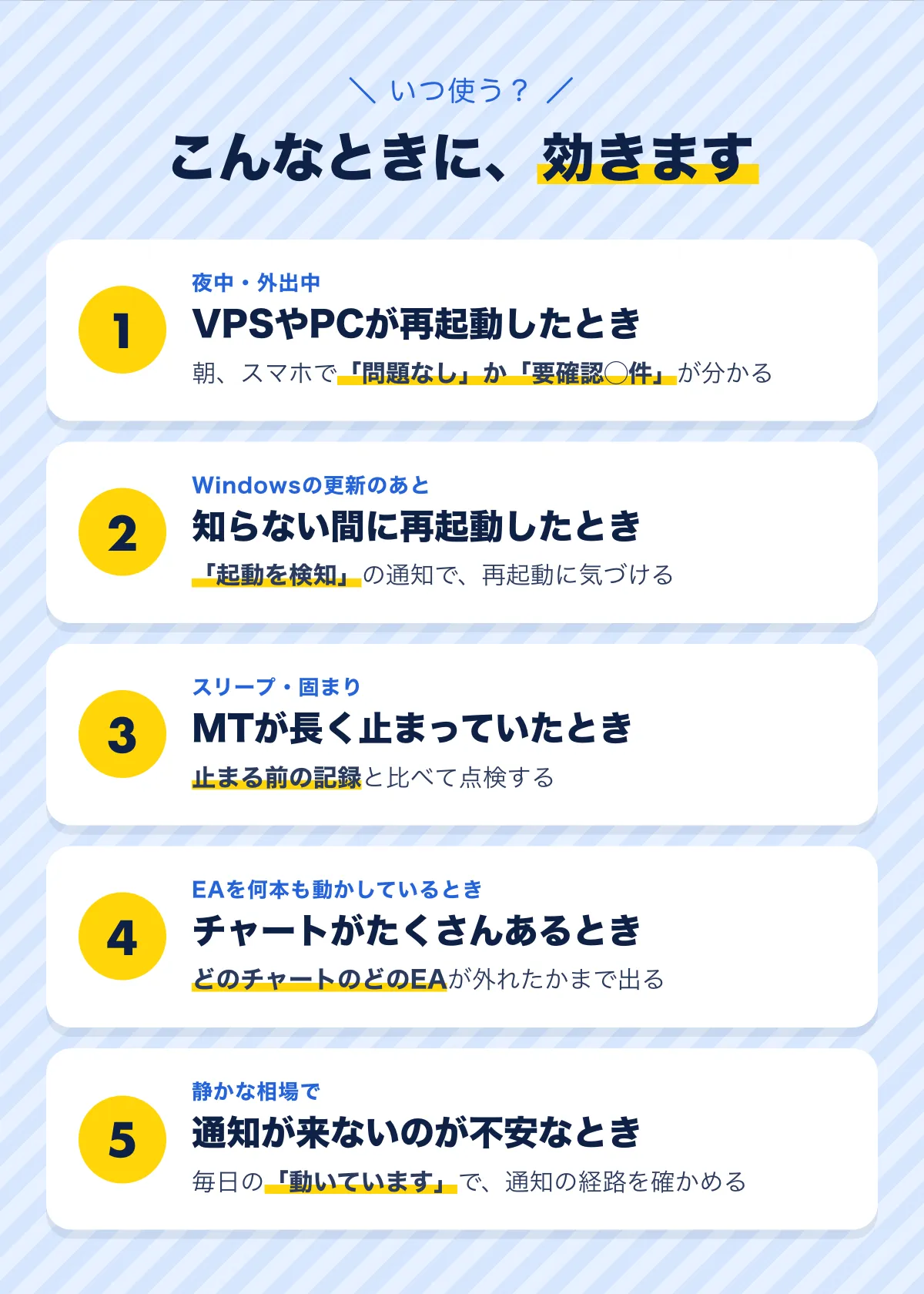 こんなときに効きます。1 夜中・外出中にVPSやPCが再起動したとき。2 Windowsの更新で知らない間に再起動したとき。3 スリープや固まりでMTが長く止まっていたとき。4 EAを何本も動かしていて、チャートがたくさんあるとき。5 静かな相場で通知が来ないのが不安なとき。