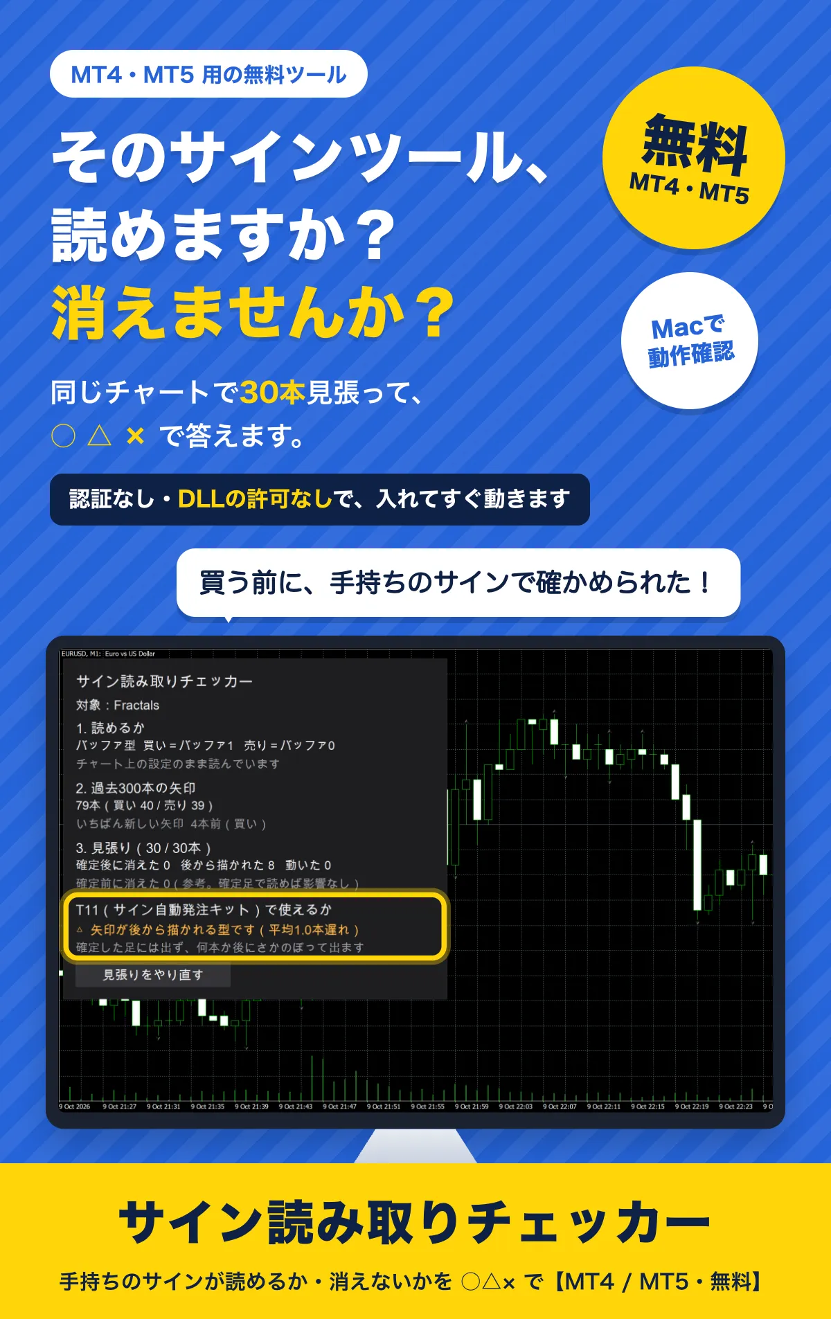 そのサインツール、読めますか？消えませんか？同じチャートで30本見張って、○△×で答えます。認証なし・DLLの許可なしで、入れてすぐ動きます。サイン読み取りチェッカー（無料・MT4/MT5・Macで動作確認）