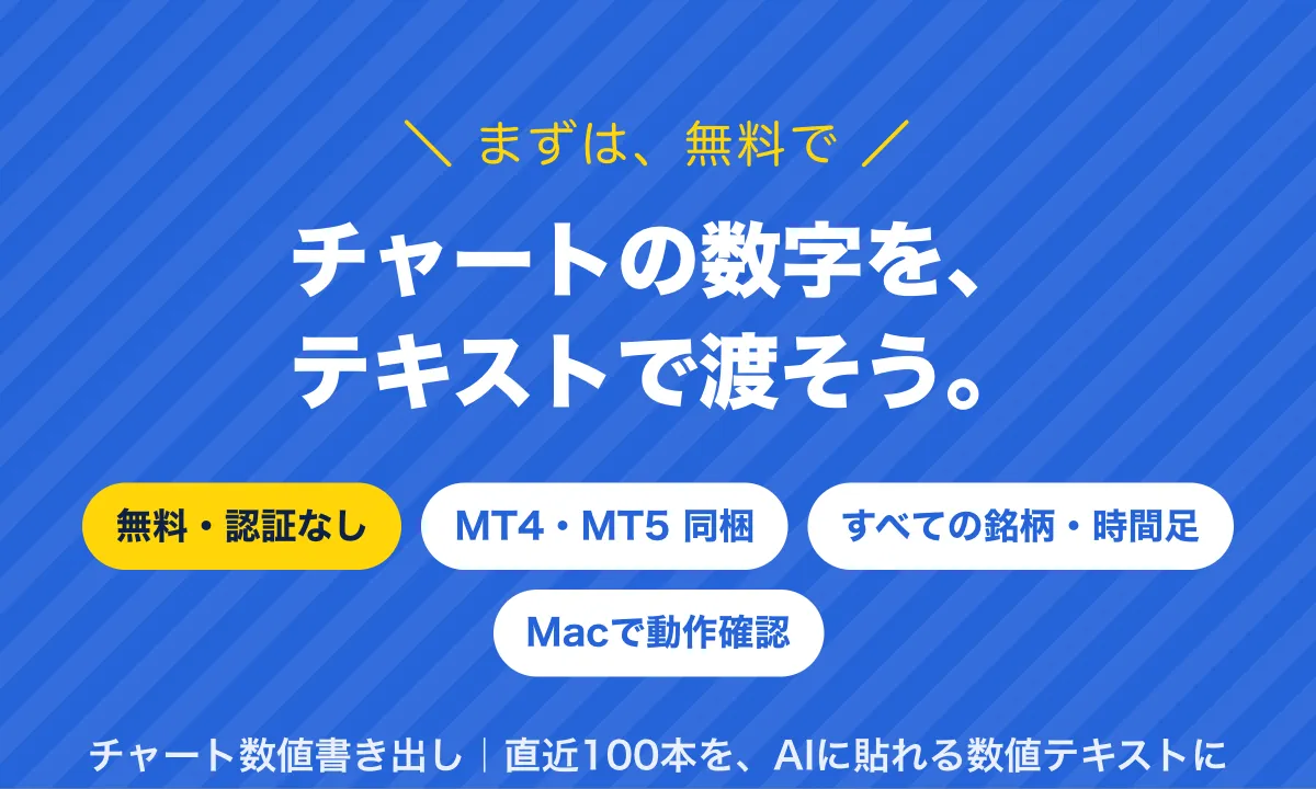 まずは無料で。チャートの数字を、テキストで渡そう。無料・認証なし、MT4・MT5同梱、すべての銘柄・時間足、Macで動作確認。チャート数値書き出し｜直近100本を、AIに貼れる数値テキストに