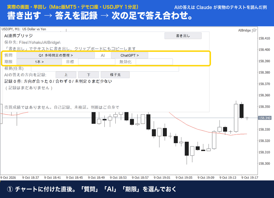 実際の画面の早回し。「書き出し」を押すとテキストができ、クリップボードに入る。AIの答えの方向を「上」で記録し、足が進むと判定が付く
