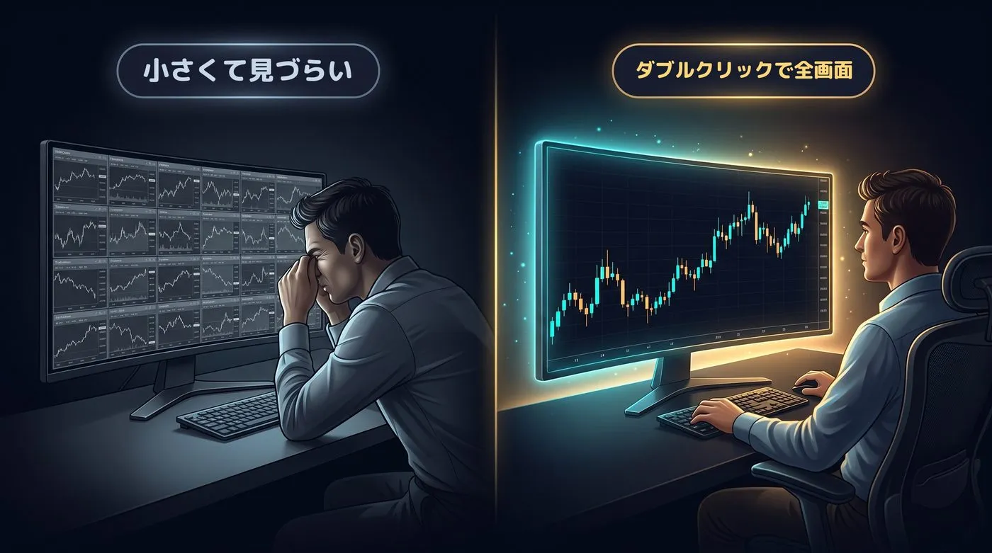 使用前：小さくて見づらい／使用後：ダブルクリックで全画面