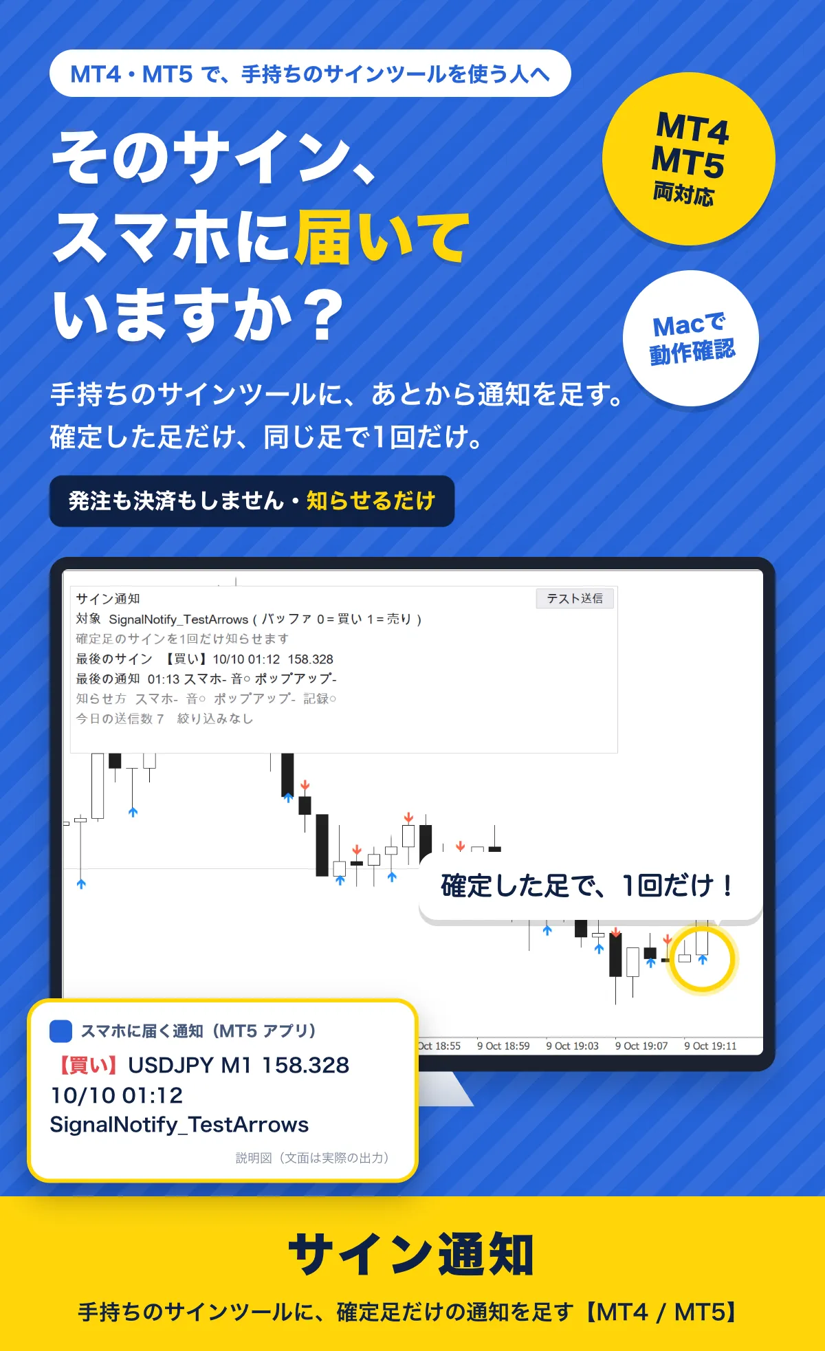 そのサイン、スマホに届いていますか？ 手持ちのサインツールに、あとから通知を足す。確定した足だけ、同じ足で1回だけ。発注も決済もしません。サイン通知（MT4・MT5両対応、Macで動作確認）