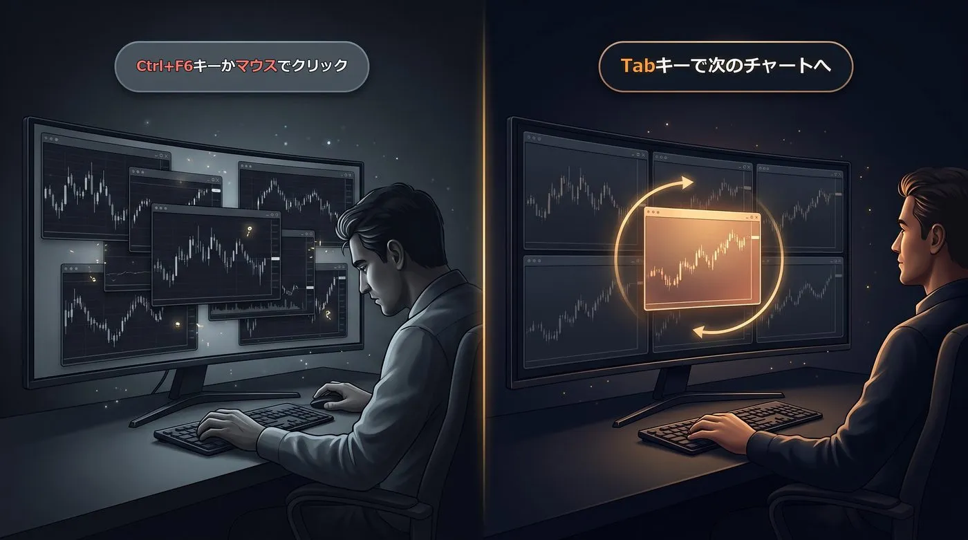 使用前：Ctrl+F6キーかマウスでクリック／使用後：Tabキーで次のチャートへ