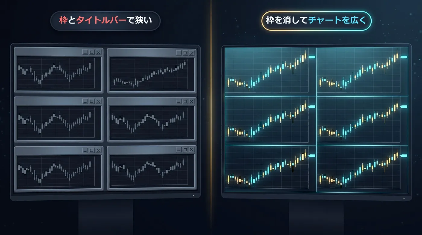 使用前：枠とタイトルバーで狭い／使用後：枠を消してチャートを広く