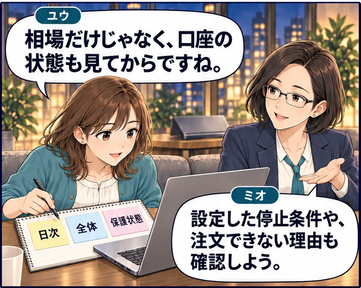 第3話・3コマ目。ユウがノートの日次・全体・保護状態を整理し、ミオと停止条件を確かめる。 ユウ「相場だけじゃなく、口座の状態も見てからですね。」 ミオ「設定した停止条件や、注文できない理由も確認しよう。」