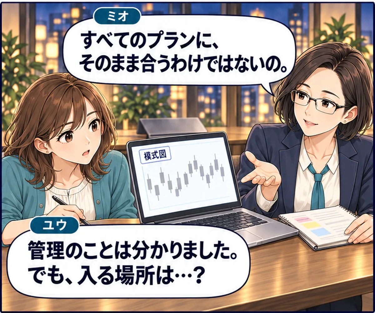 第4話・3コマ目。ミオがすべてのプランにそのまま合うわけではないと伝え、ユウがチャートへ視線を戻す。 ミオ「すべてのプランに、そのまま合うわけではないの。」 ユウ「管理のことは分かりました。でも、入る場所は…？」