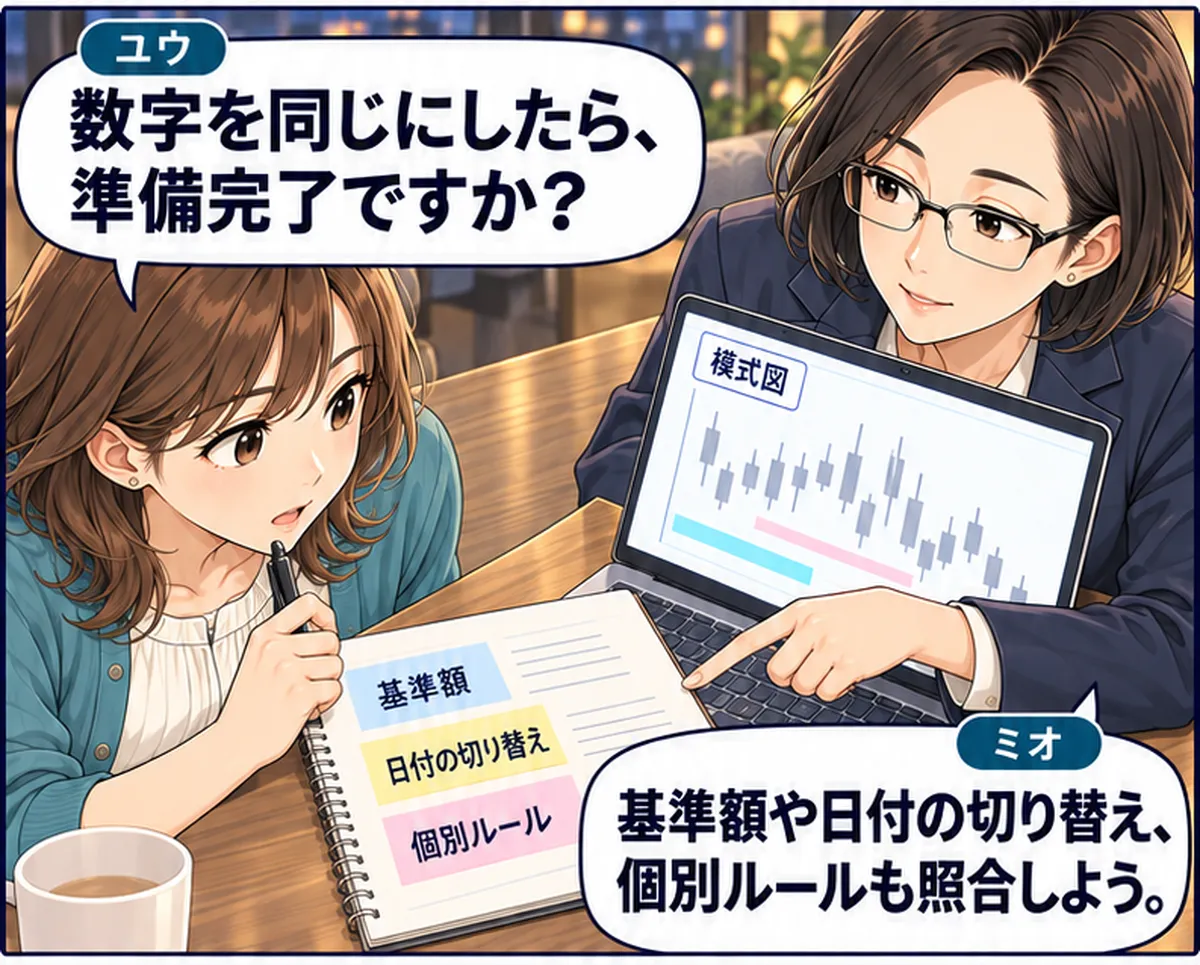 第4話・2コマ目。基準額・日付の切り替え・個別ルールのメモと画面を照合する二人。 ユウ「数字を同じにしたら、準備完了ですか？」 ミオ「基準額や日付の切り替え、個別ルールも照合しよう。」