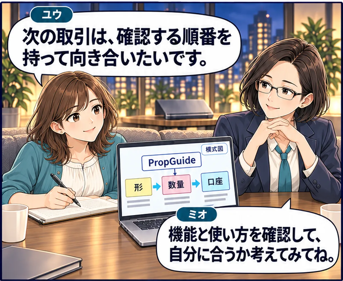 第9話・3コマ目。PropGuideと形・数量・口座を中心にした締め。二人は落ち着いた表情で、購入・注文の実行や成果は描かない。 ユウ「次の取引は、確認する順番を持って向き合いたいです。」 ミオ「機能と使い方を確認して、自分に合うか考えてみてね。」