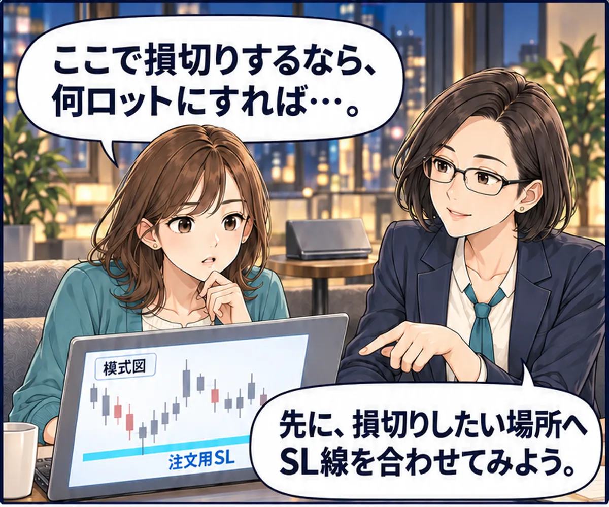 第2話・1コマ目。ユウがチャートの模式図を見る。ミオが水色の太い注文用SL線を示す。 ユウ「ここで損切りするなら、何ロットにすれば…。」 ミオ「先に、損切りしたい場所へSL線を合わせてみよう。」