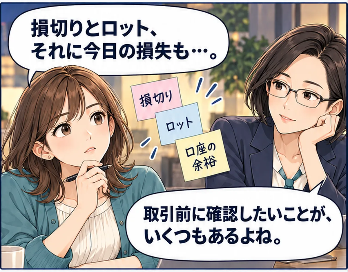 第1話・2コマ目。ユウの周りに、損切り・ロット・口座の余裕の付箋が浮かぶ。ミオが確認事項を一緒に整理する。 ユウ「損切りとロット、それに今日の損失も…。」 ミオ「取引前に確認したいことが、いくつもあるよね。」