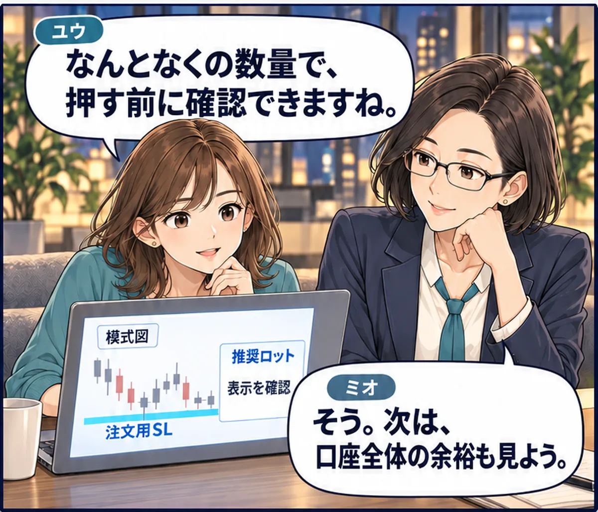 第2話・3コマ目。ユウは手をマウスから離して画面を確認し、ミオが口座全体の確認へつなぐ。 ユウ「なんとなくの数量で、押す前に確認できますね。」 ミオ「そう。次は、口座全体の余裕も見よう。」