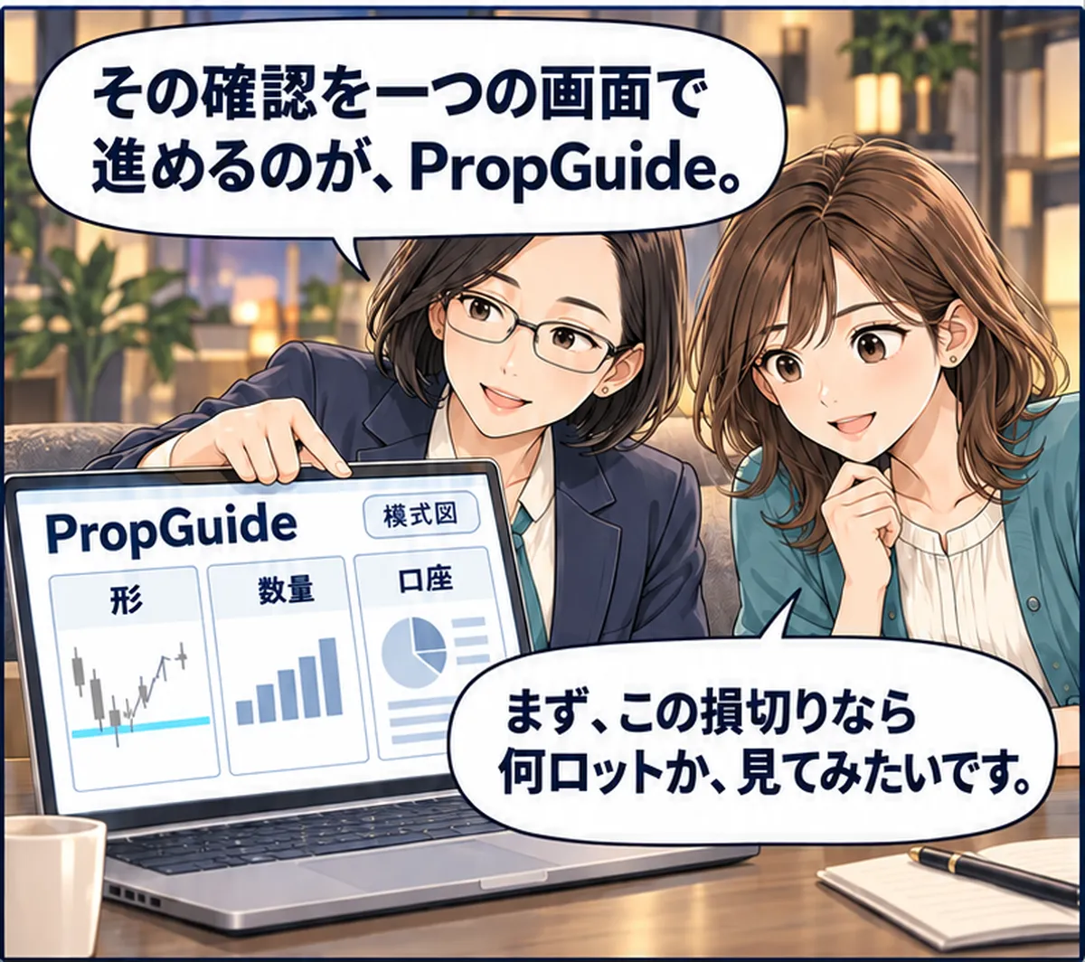 第1話・3コマ目。二人が同じPCを見て、PropGuideの形・数量・口座の模式図を確認する。 ミオ「その確認を一つの画面で進めるのが、PropGuide。」 ユウ「まず、この損切りなら何ロットか、見てみたいです。」