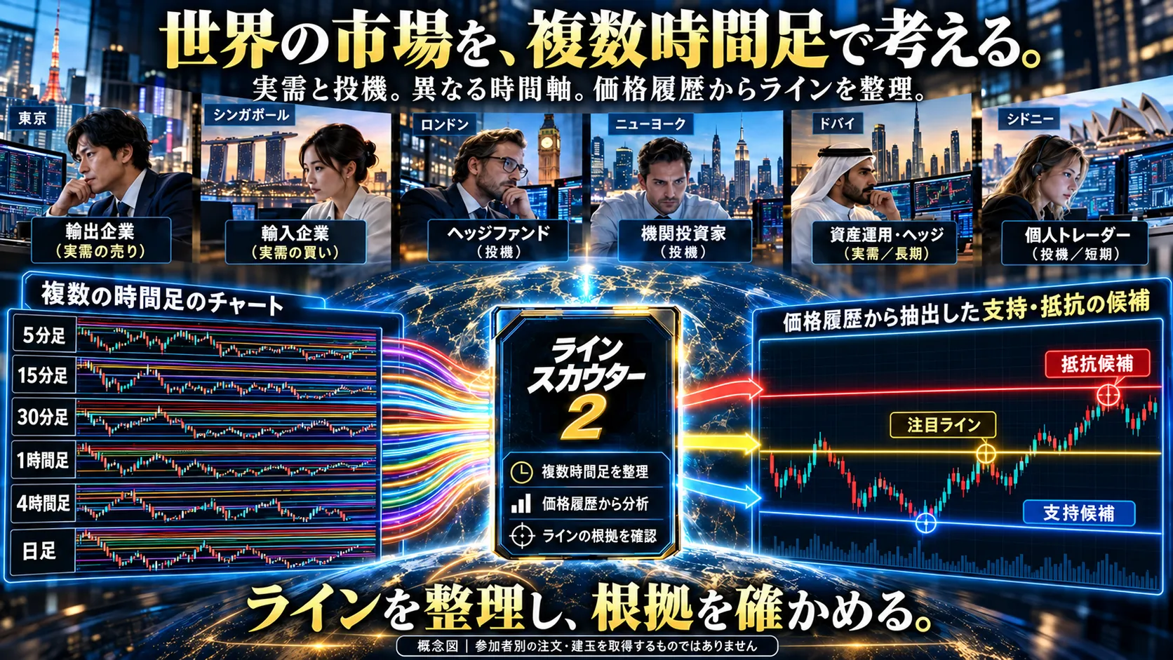 世界の実需と投機を背景に、5分・15分・30分・1時間・4時間・日足の価格履歴から重要ラインの候補を整理する概念図