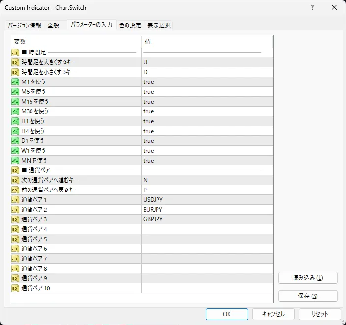 ChartSwitch のパラメータ設定画面