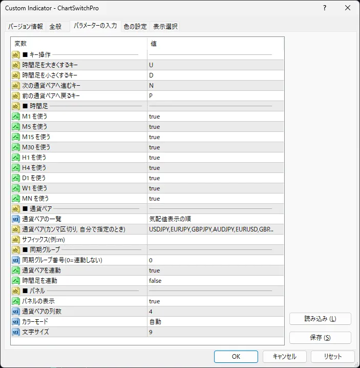 ChartSwitch Pro のパラメータ設定画面