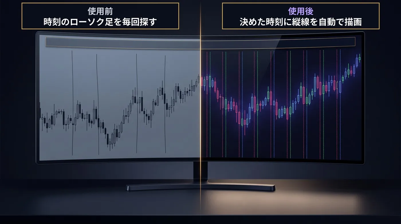使う前：時刻のローソク足を毎回探す／使った後：決めた時刻に縦線が自動で引かれる
