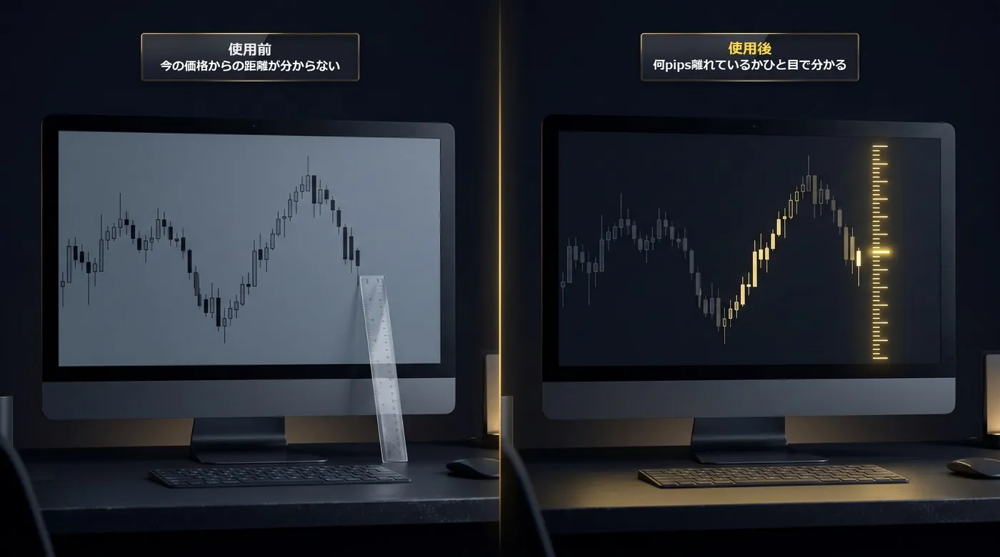 使う前：何pips離れているか分からない／使った後：今の価格から10pipsごとの目盛り