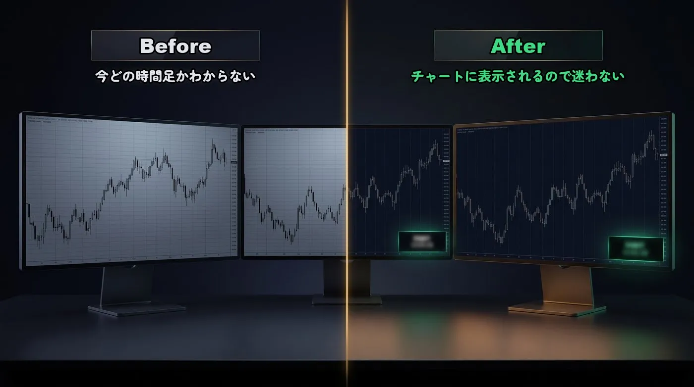 使う前：今どの時間足かわからない／使った後：チャートに表示されるので迷わない