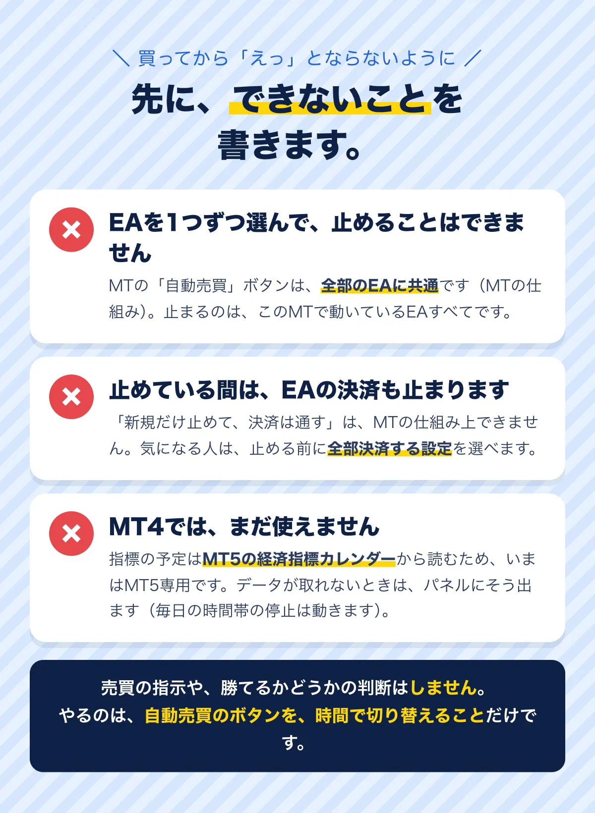 先に、できないことを書きます。EAを1つずつ選んで止めることはできません（MTの自動売買ボタンは全部のEAに共通）。止めている間はEAの決済も止まります（新規だけ止めて決済は通す、はMTの仕組み上できません。止める前に全決済する設定は選べます）。MT4ではまだ使えません（指標の予定はMT5の経済指標カレンダーから読むため）。売買の指示や勝てるかどうかの判断はしません。