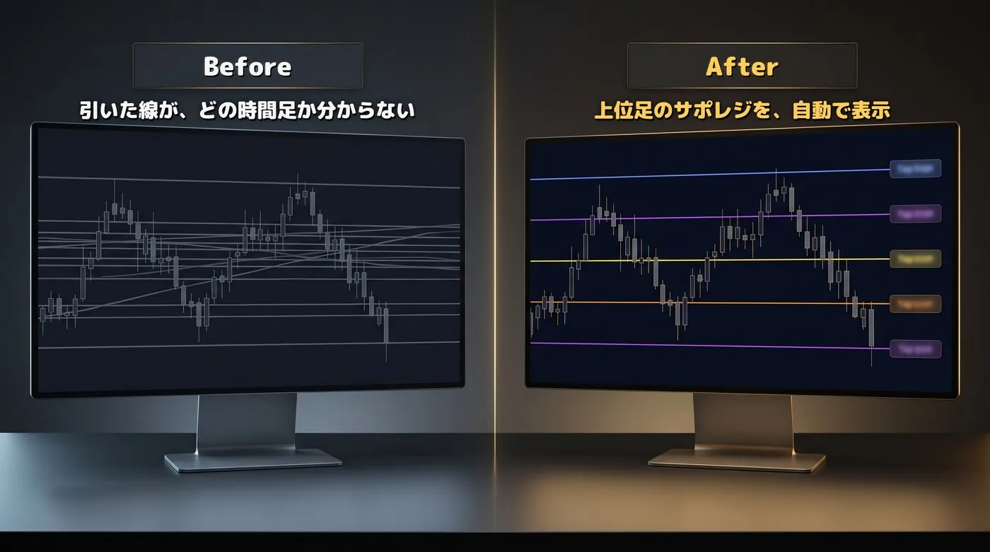 使用前：引いた線が、どの時間足か分からない／使用後：上位足のサポレジを、自動で表示