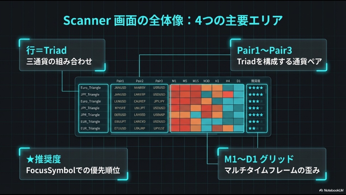 【三角裁定ロジック応用インジ】FX歪みスキャナー機能と利用方法の説明
