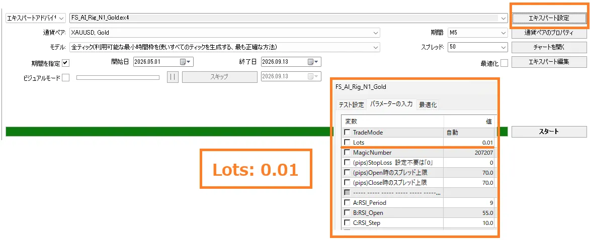 AI Rig Gold M5 LIVE設定値 バックテスト設定
