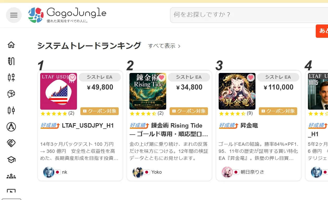 ゴゴジャン システムトレード部門ランキング第2位の画面